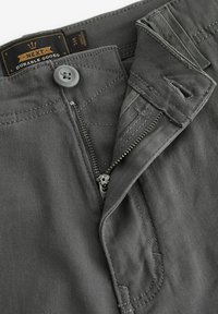 Pantalones grises con cremallera frontal, cierre de botón y costuras detalladas. La etiqueta indica talla 34R y la marca "Durable Goods".