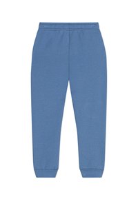 Blaue Baumwoll-Sweatpants mit elastischem Bund, schmal zulaufenden Beinen und gerippten Bündchen. Glatte Textur, keine Muster oder sichtbare Beschläge.