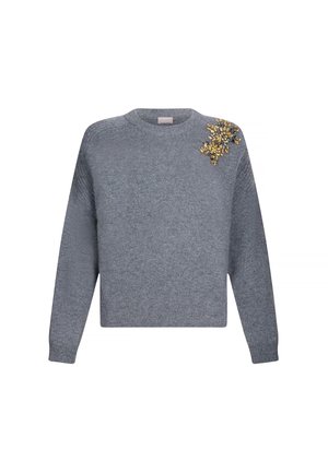 Maglione grigio realizzato in morbido tessuto a maglia. Presenta un colletto rotondo e maniche lunghe, arricchite con dettagli dorati e simili a gemme su una spalla.