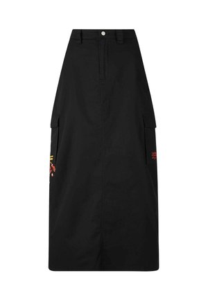 Zwarte midi-rok van katoen, met een hoge taille, twee zijzakken en rode borduursels aan de linkerkant.