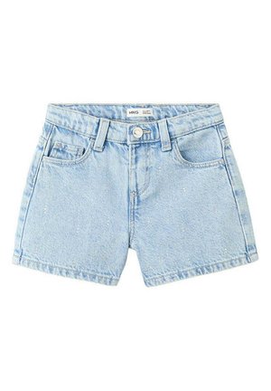 Short en denim bleu clair avec passants de ceinture, bouton devant, fermeture éclair et cinq poches, posé à plat sur un fond blanc.