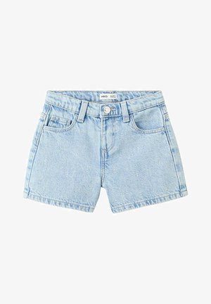 Short en denim bleu clair avec passants de ceinture, bouton devant, fermeture éclair et cinq poches, posé à plat sur un fond blanc.