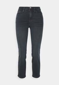 Jeans in denim scuro con una vestibilità slim, vita media, design a cinque tasche e orlo grezzo. Il materiale appare liscio con una leggera elasticità.