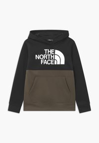 Felpa con cappuccio nera e verde oliva, decorata con un grande logo bianco, tasca a marsupio frontale e polsini a costine. Tessuto morbido con colori a contrasto.