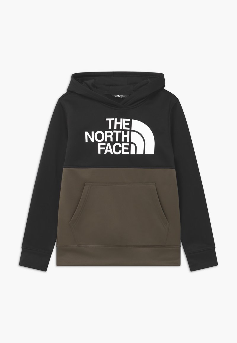 Felpa con cappuccio nera e verde oliva, decorata con un grande logo bianco, tasca a marsupio frontale e polsini a costine. Tessuto morbido con colori a contrasto.