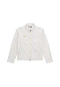 White zipped jacket with a collar, featuring an embroidered logo in gold, one chest pocket, and two side pockets. Made of smooth fabric.