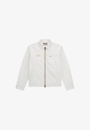 Giacca bianca con zip e colletto, arricchita da un logo ricamato in oro, una tasca sul petto e due tasche laterali. Realizzata in tessuto liscio.