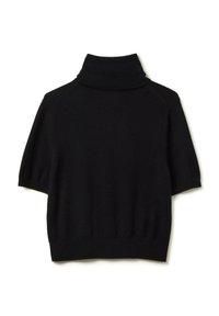 Maglione a maniche corte nero con colletto a imbuto realizzato in tessuto morbido, caratterizzato da un collo e orlo a costine, con una texture liscia in tutto il capo.