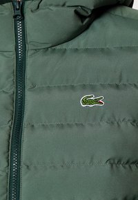 Zelená péřová bunda se zipem, s prošívanou texturou a malým vyšitým logo krokodýla na hrudi.