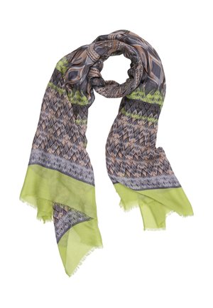 Écharpe à motifs géométriques et losanges en tons de gris, marron et vert, avec un ourlet vert citron vif orné de franges.