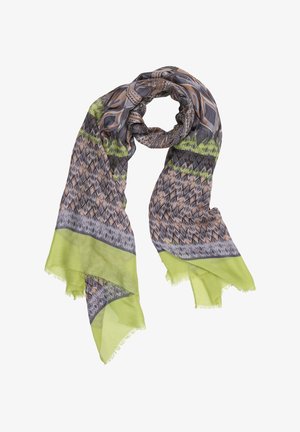 Gemusterter Schal mit geometrischen und diamantförmigen Mustern in Grau-, Braun- und Grüntönen, mit einem hellen Limettengrünen Saum und Fransen am Rand.