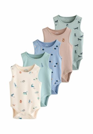 Five baby bodysuits in soft cotton: pastel colors with various animal prints, sleeveless design, and snap closures at the bottom.