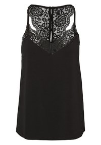 Svart linne med blommig spetsbak och V-ringning. Har justerbara axelband och en slät framsida. Subtil lyster i tyget.