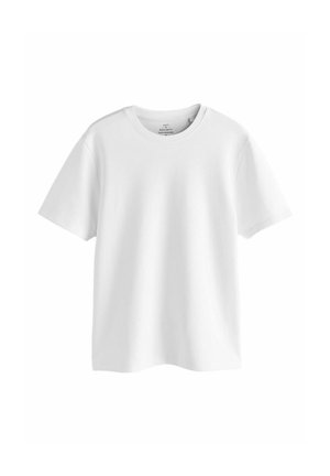 White cotton t-shirt with short sleeves, round neckline, and a relaxed fit. Smooth texture, no patterns or accents visible.