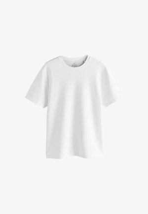 White cotton t-shirt with short sleeves, round neckline, and a relaxed fit. Smooth texture, no patterns or accents visible.