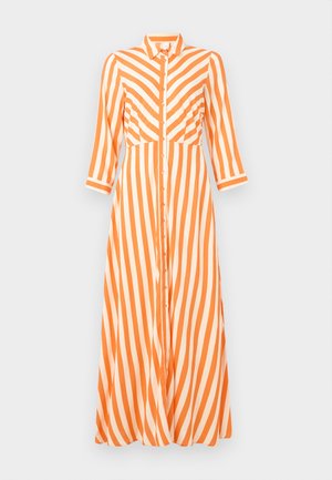 Haljina na dugmad s vertikalnim narančastim i bijelim prugama, dugim rukavima, ovratnikom i ležernim krojem s ravnim rubom.