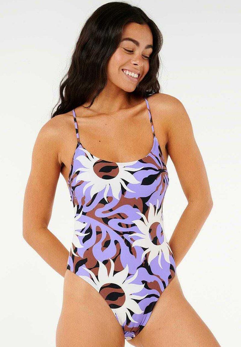 Maillot de bain une pièce avec un motif floral violet, noir et blanc. Fabriqué en tissu lisse avec des bretelles fines et ajustables et une taille haute.