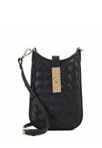 Black leather crossbody bag with woven texture, gold hardware closure, and adjustable strap. Features a rounded top and flat base.