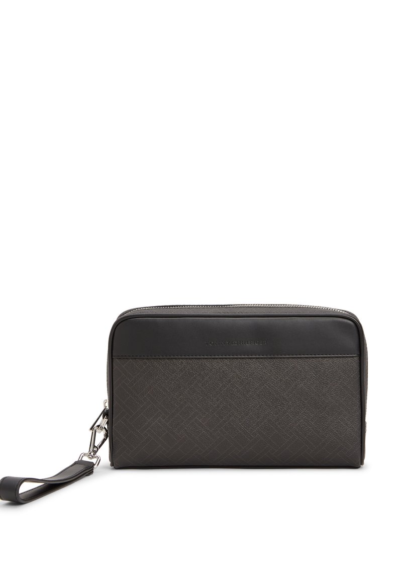 Σκούρο γκρι πορτοφόλι με φερμουάρ, με υφή, λείες λεπτομέρειες και λουράκι για τον καρπό. Διαθέτει λογότυπο στην κορυφή.