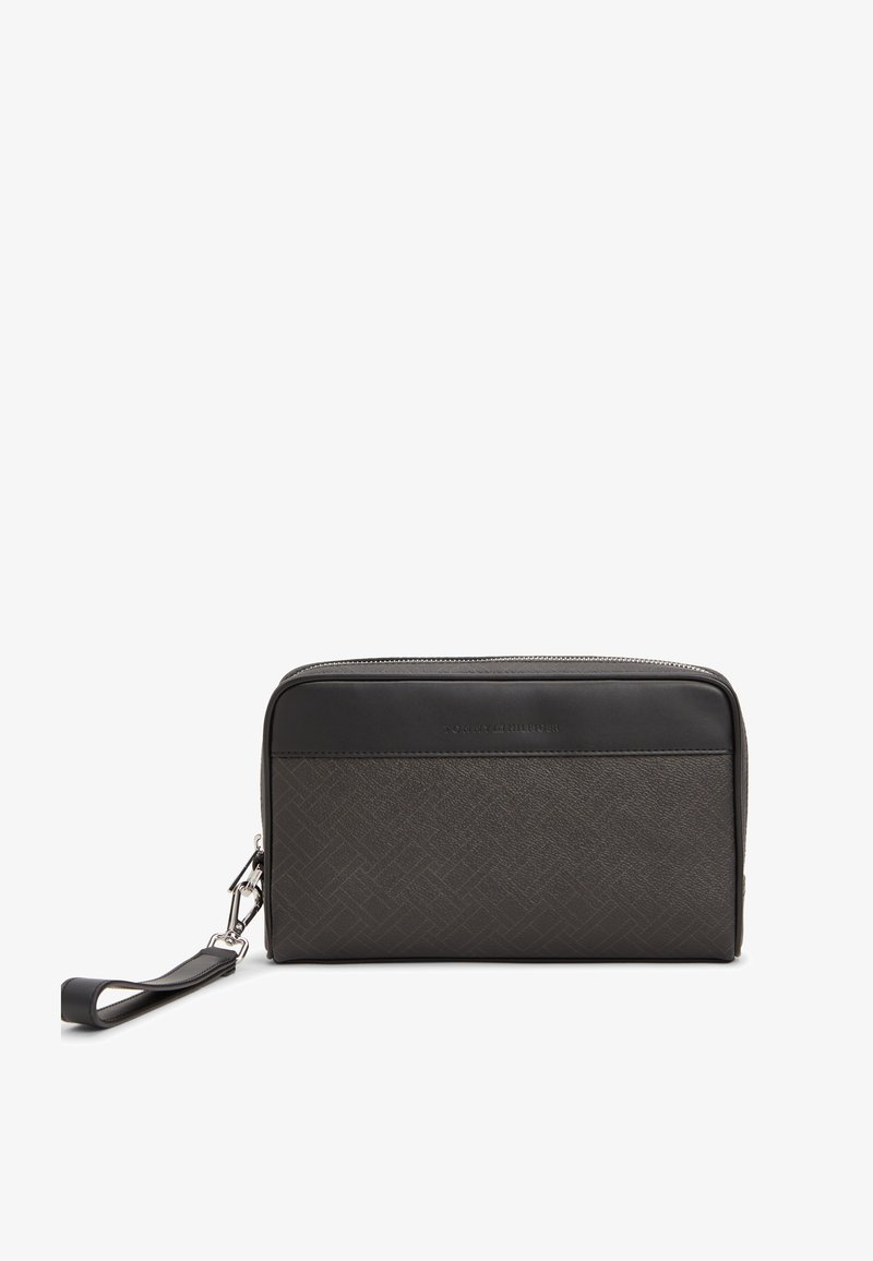 Dark gray zippered clutch with a textured pattern, smooth accents, and a wrist strap. Features logo detailing on the top.