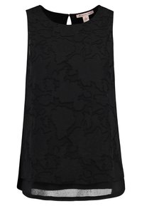 Svart ärmlös topp med ett blommigt spetsmönster, rund halsringning och nyckelhål bak. Mjuk tyg med en genomskinlig fållaccent.