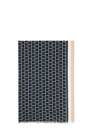 Navy blue patterned scarf featuring a floral design with a fringed edge. Includes a solid pale pink and white border. Soft textile material.