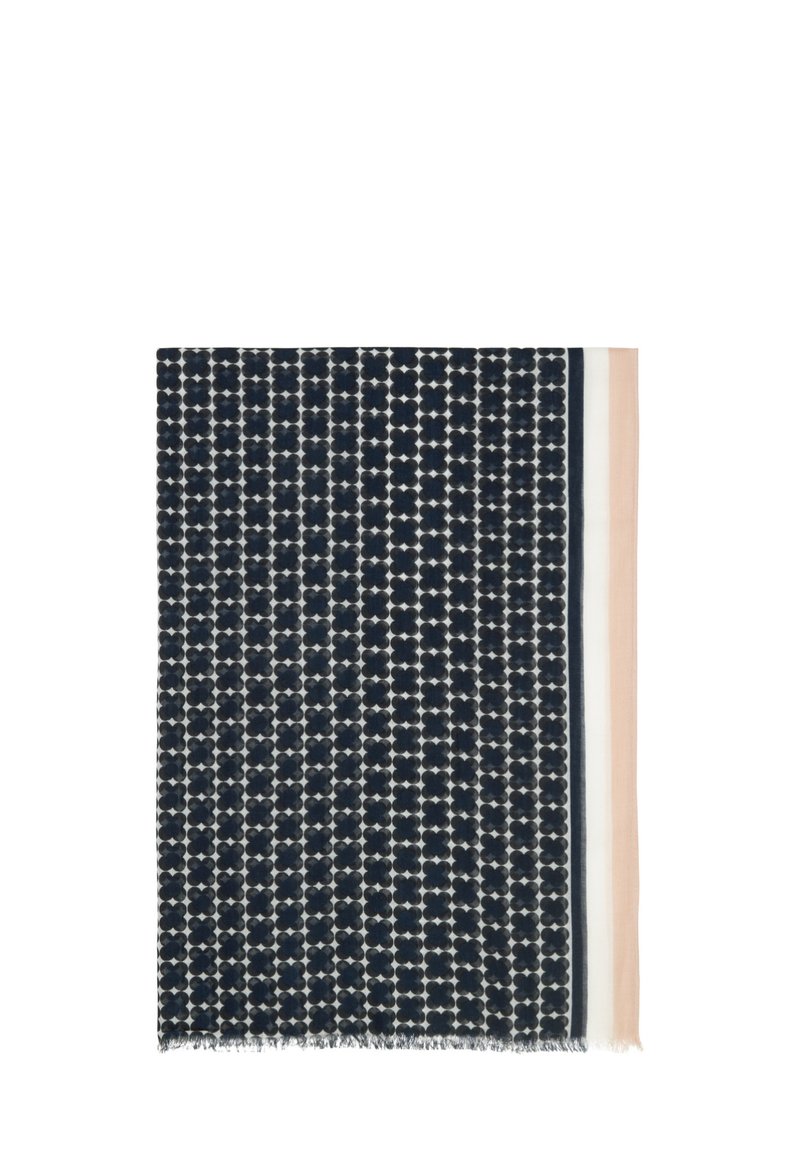 Écharpe bleu marine à motif floral avec des franges. Comprend une bordure unie rose pâle et blanche. Matière textile douce.
