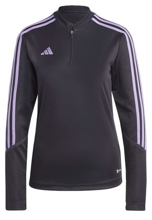 Schwarzer langärmliger Sportpullover mit halbem Reißverschluss, mit lila Streifen an den Schultern und einem Logo auf der Brust.