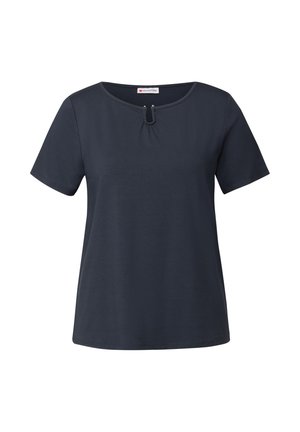 T-shirt blu navy a maniche corte con collo rotondo e dettaglio a chiave centrale, realizzato in un tessuto morbido e liscio.
