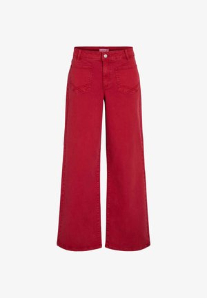 Rode wijdvallende broek van katoen, met een middelhoog taille, vier zakken en contrasterende stiksels. Het heeft een soepele textuur.