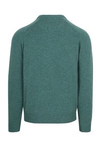 Turquoise gebreide trui met lange mouwen, ronde hals, geribbelde zoom en een gladde textuur, voorzien van een effen kleur en zonder zichtbare patronen.