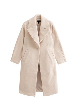 Cappotto lungo in misto lana beige con ampi revers, chiusura con un solo bottone, tasche frontali inclinate e silhouette dritta.