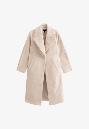 Cappotto lungo in misto lana beige con ampi revers, chiusura con un solo bottone, tasche frontali inclinate e silhouette dritta.