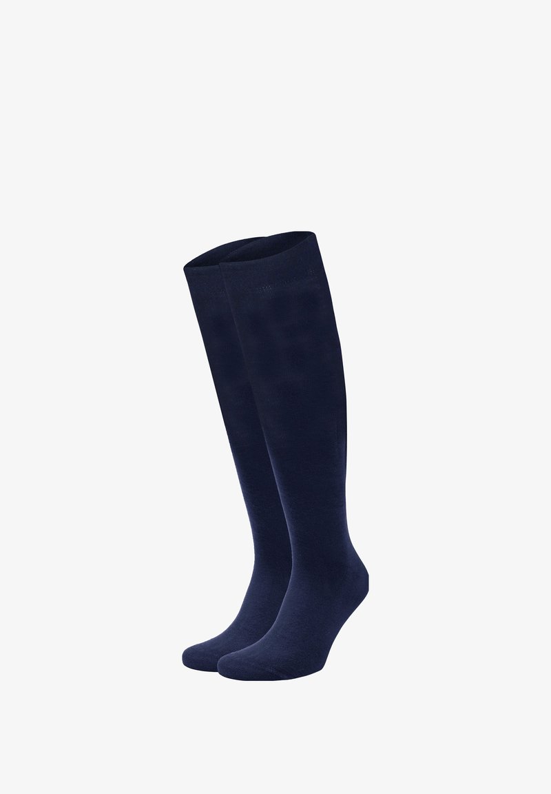 Kniesokken in diep marineblauw, gemaakt van een soepele, rekbare stof met een eenvoudige uitstraling en een verstevigde teen voor duurzaamheid.