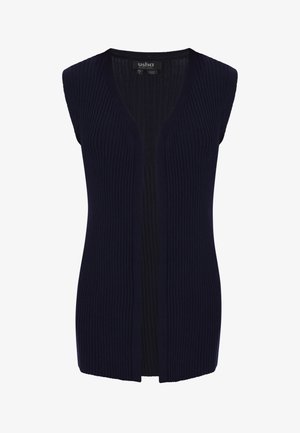 Ujjatlan, tengerészkék bordázott kötött mellény nyitott elülső résszel és V-nyakú gallérral, XS/S méret, az usha Black Label márkától.