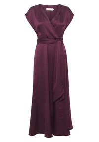 Langes, burgunderfarbenes Wickelkleid mit kurzen Ärmeln, einem taillierten Bund und einem fließenden Rock. Hergestellt aus einem strukturierten Stoff, der das Licht einfängt.