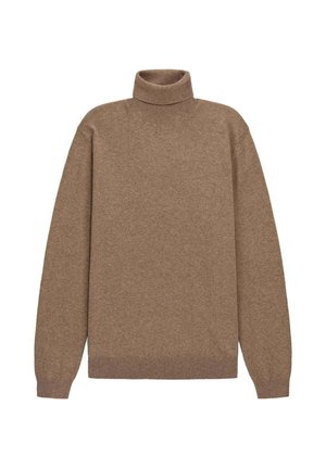 Brauner Rollkragenpullover aus weichem Material, mit entspannter Passform, langen Ärmeln und gerippten Bündchen und Saum. Einfaches, nahtloses Design.