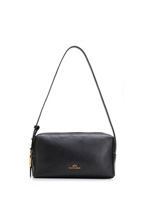 Schwarze rechteckige Leder-Schultertasche mit goldenem Reißverschluss und Wittchen-Logo, ausgestattet mit einem einzelnen langen Träger zum Tragen.