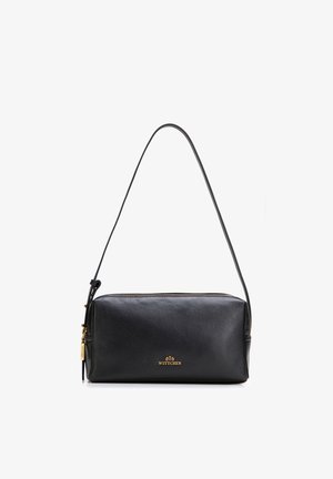 Černá obdélníková kožená taška přes rameno se zlatým zipem a logem Wittchen, vybavená jedním dlouhým popruhem na nošení.