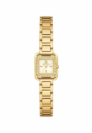 Gouden rechthoekige horloge met een gestructureerde armband en versierde bezel. Witte wijzerplaat met uurmarkeringen en het merklogo aan de bovenkant.