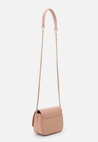 Quilted pink faux leather handbag with a fold-over flap, gold chain strap, and smooth texture. Compact rectangular shape.