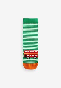 Grün-weiß gestreifte Socke mit einem orangefarbenen Bündchen, das unten ein Design eines roten Doppeldeckerbusses zeigt, aus weichem Stoff gefertigt.