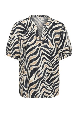 Trumpas rankovėmis bliuzonas su juodu, smėlio ir baltu abstrakčiu zebra stiliaus raštu bei V formos apykakle ant balto fono.