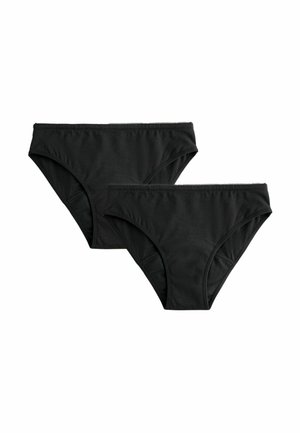 Czarne bawełniane majtki bikini, charakteryzujące się gładką fakturą, elastycznym paskiem w talii i standardowym krojem, prezentowane w dwóch rozmiarach.