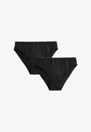 Czarne bawełniane majtki bikini, charakteryzujące się gładką fakturą, elastycznym paskiem w talii i standardowym krojem, prezentowane w dwóch rozmiarach.