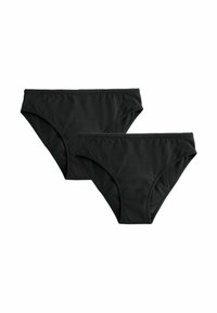 Čierne bavlnené bikiny s hladkou textúrou, elastickým pásom a klasickým strihom, zobrazené v dvoch veľkostiach.