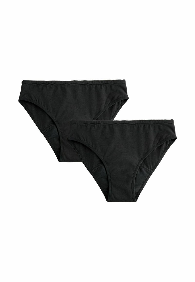 Čierne bavlnené bikiny s hladkou textúrou, elastickým pásom a klasickým strihom, zobrazené v dvoch veľkostiach.