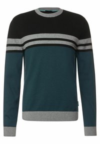 Flerfärgad tröja med svarta, grå och teal ränder. Tillverkad av mjukt material med rund halsringning och ribbade manschetter.