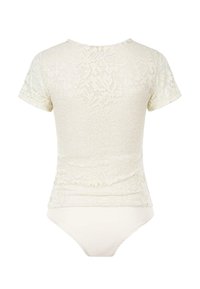 Romantische kanten bodysuit met korte mouwen, versierd met bloempatronen en een getailleerde pasvorm. Zachte binnenvoering, ronde halslijn en een string onderkant.