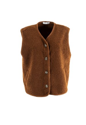 Chaleco de forro polar marrón con una textura suave, diseño sin mangas y cuello redondeado. Presenta cinco botones plateados en el frente y bolsillos laterales.